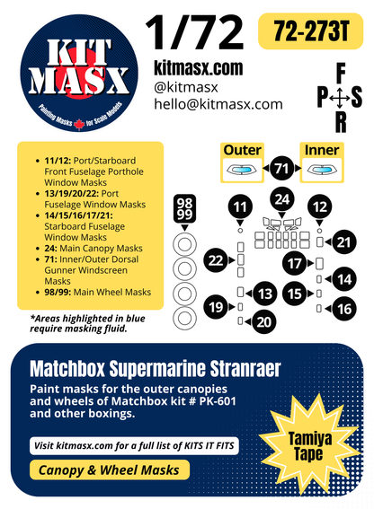 Matchbox Supermarine Stranraer 1/72 Canopy & Wheel Paint Masks, Kit # PK-601