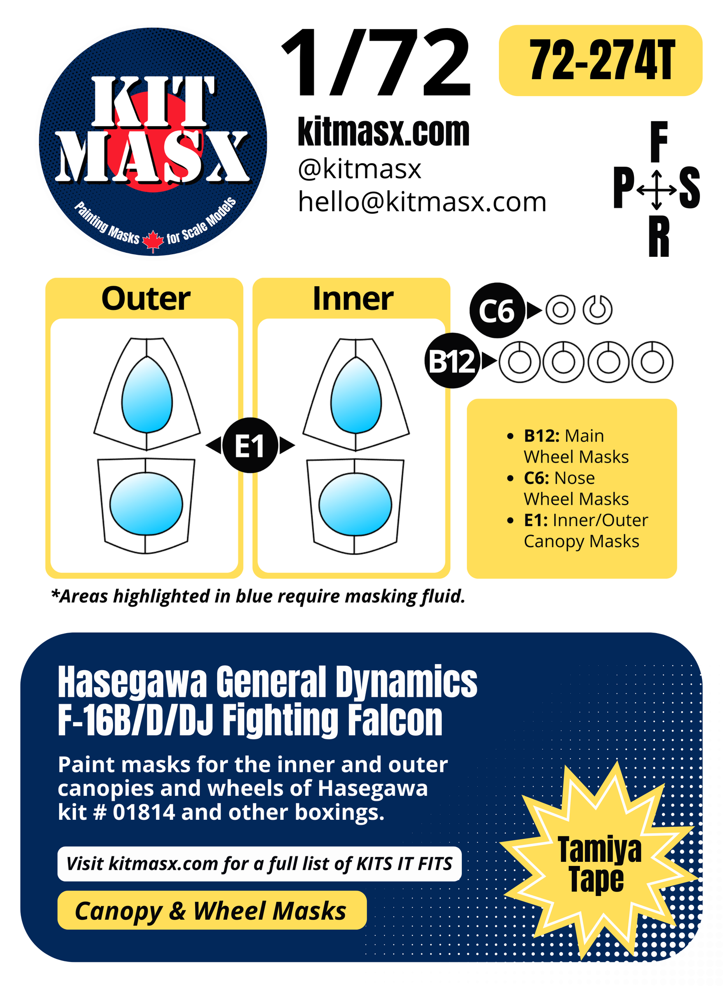 Hasegawa General Dynamics F-16B/D/DJ Fighting Falcon 1/72 Canopy & Wheel Paint Masks, Kit # 01814