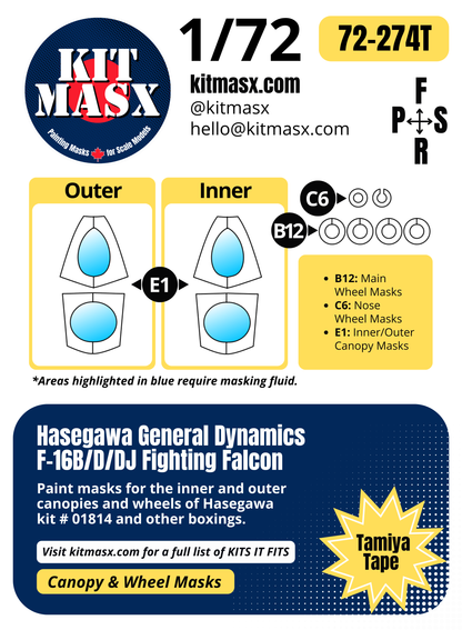 Hasegawa General Dynamics F-16B/D/DJ Fighting Falcon 1/72 Canopy & Wheel Paint Masks, Kit # 01814