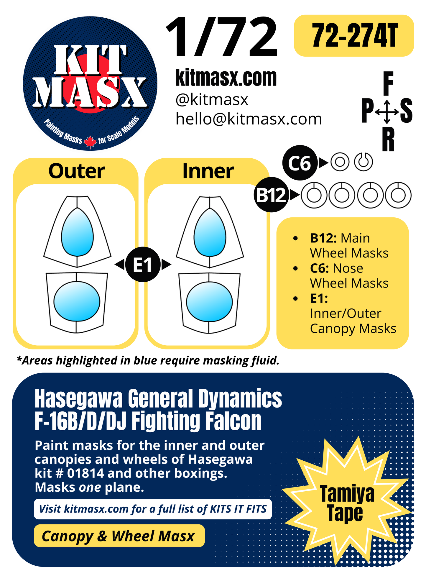 Hasegawa General Dynamics F-16B/D/DJ Fighting Falcon 1/72 Canopy & Wheel Paint Masks, Kit # 01814 (72274)