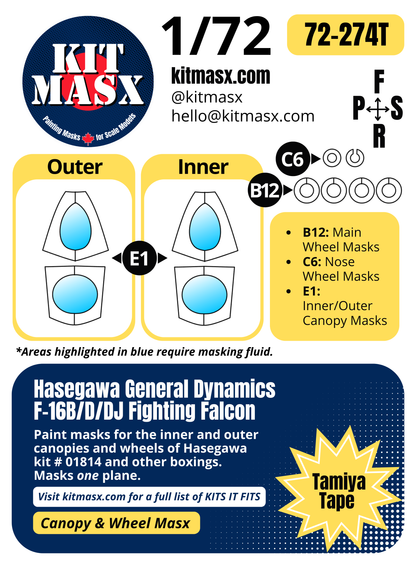 Hasegawa General Dynamics F-16B/D/DJ Fighting Falcon 1/72 Canopy & Wheel Paint Masks, Kit # 01814 (72274)