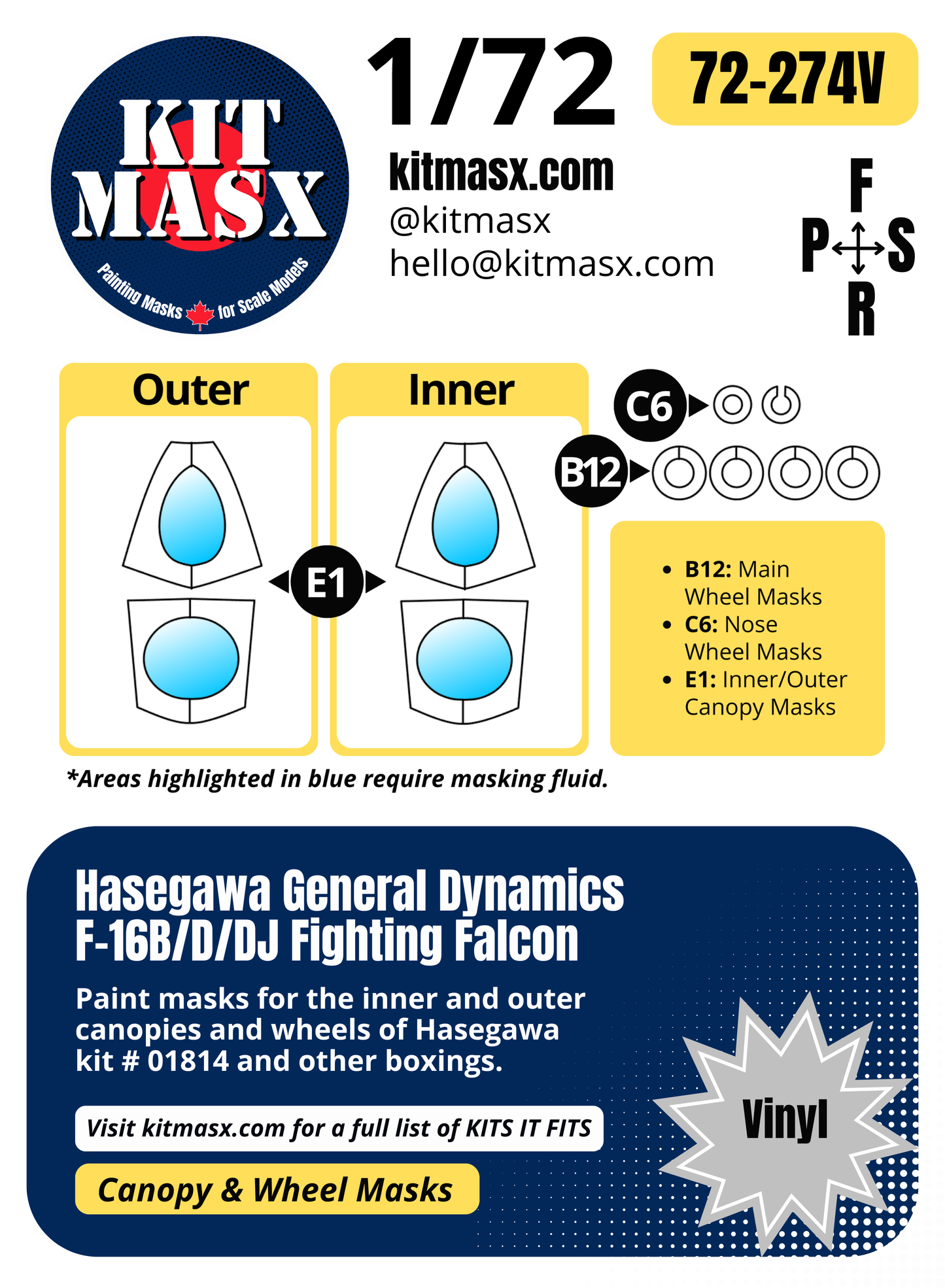 Hasegawa General Dynamics F-16B/D/DJ Fighting Falcon 1/72 Canopy & Wheel Paint Masks, Kit # 01814