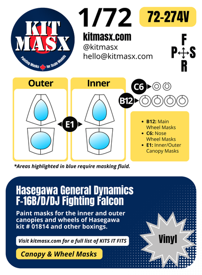 Hasegawa General Dynamics F-16B/D/DJ Fighting Falcon 1/72 Canopy & Wheel Paint Masks, Kit # 01814