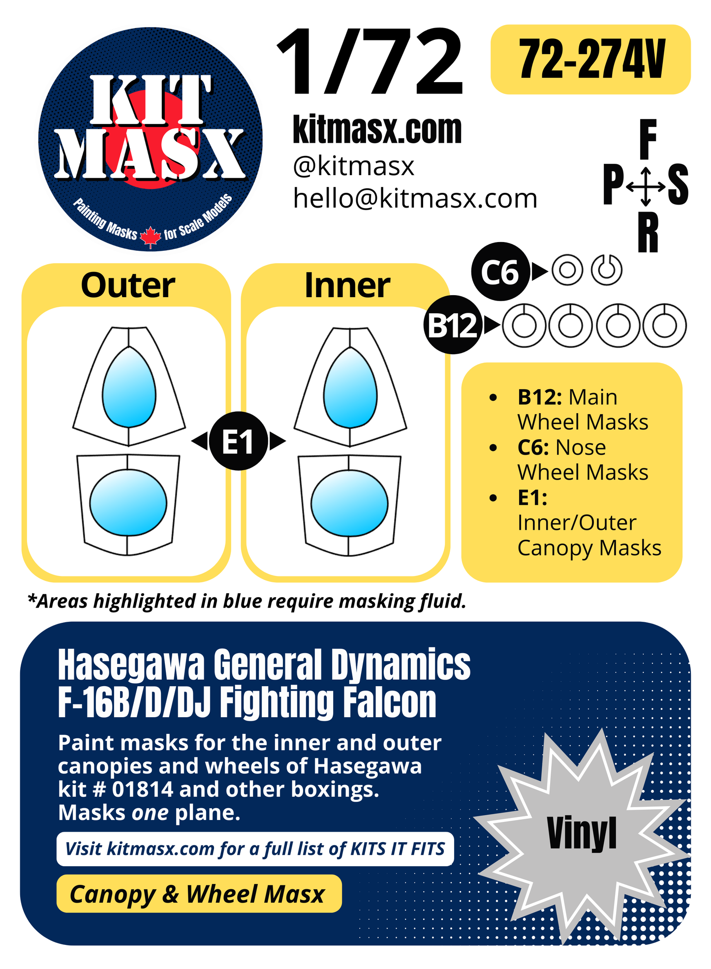 Hasegawa General Dynamics F-16B/D/DJ Fighting Falcon 1/72 Canopy & Wheel Paint Masks, Kit # 01814 (72274)
