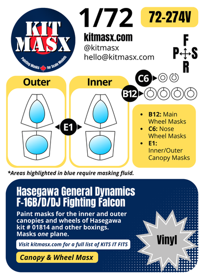 Hasegawa General Dynamics F-16B/D/DJ Fighting Falcon 1/72 Canopy & Wheel Paint Masks, Kit # 01814 (72274)