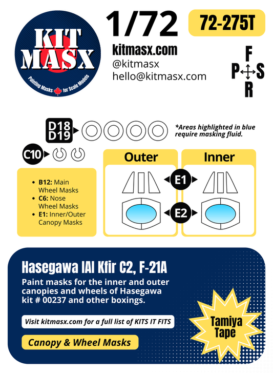 Hasegawa IAI Kfir C2, F-21A 1/72 Canopy & Wheel Paint Masks, Kit # 00237