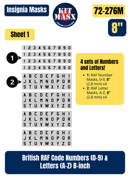 Kit Masx British RAF Code Numbers (0-9) & Letters (A-Z) 8-inch, 8 Sets 1/72 Code & Serial Paint Masks