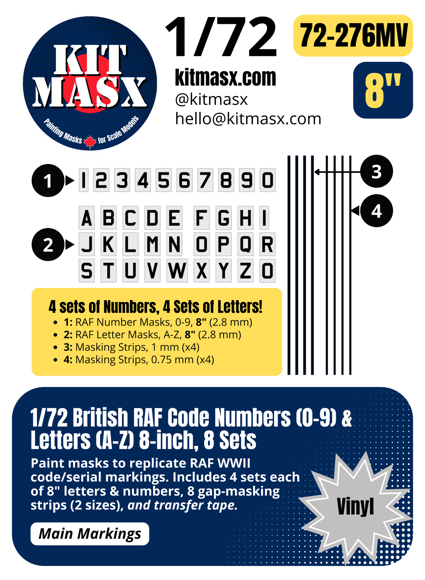 Kit Masx British RAF Code Numbers (0-9) & Letters (A-Z) 8-inch, 8 Sets 1/72 Code & Serial Paint Masks