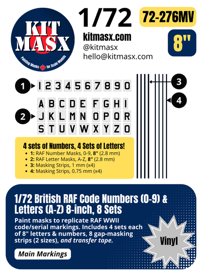 Kit Masx British RAF Code Numbers (0-9) & Letters (A-Z) 8-inch, 8 Sets 1/72 Code & Serial Paint Masks