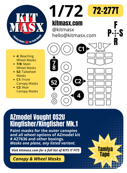 AZmodel Vought OS2U Kingfisher/Kingfisher Mk.1 1/72 Canopy & Wheel Paint Masks, Kit # AZ7636