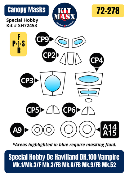Special Hobby De Havilland DH.100 Vampire Mk.1/Mk.3/F Mk.3/FB Mk.6/FB Mk.9/FB Mk.52 1/72 Canopy & Wheel Paint Masks, Kit # SH72453