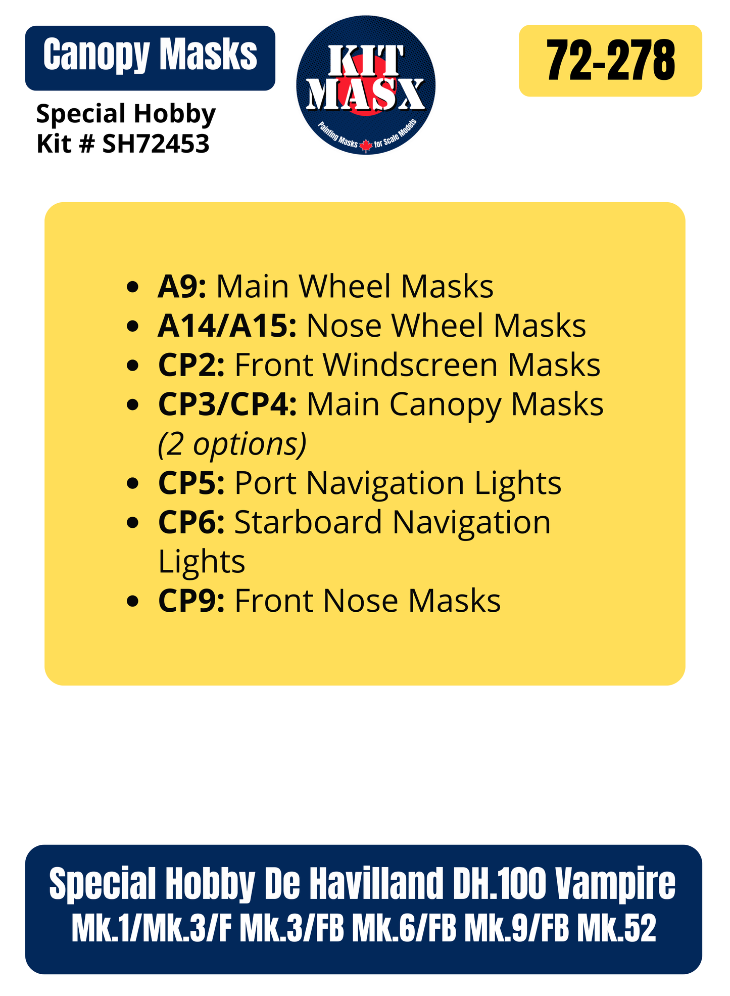 Special Hobby De Havilland DH.100 Vampire Mk.1/Mk.3/F Mk.3/FB Mk.6/FB Mk.9/FB Mk.52 1/72 Canopy & Wheel Paint Masks, Kit # SH72453