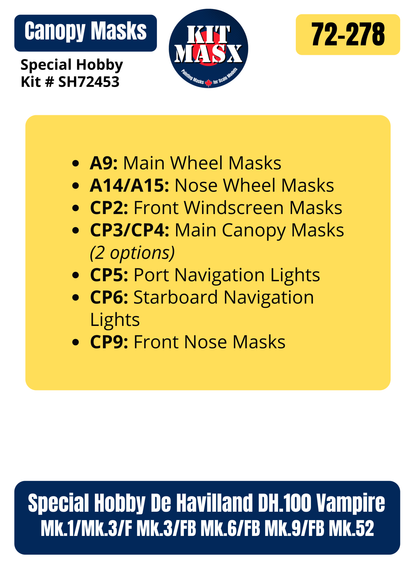 Special Hobby De Havilland DH.100 Vampire Mk.1/Mk.3/F Mk.3/FB Mk.6/FB Mk.9/FB Mk.52 1/72 Canopy & Wheel Paint Masks, Kit # SH72453
