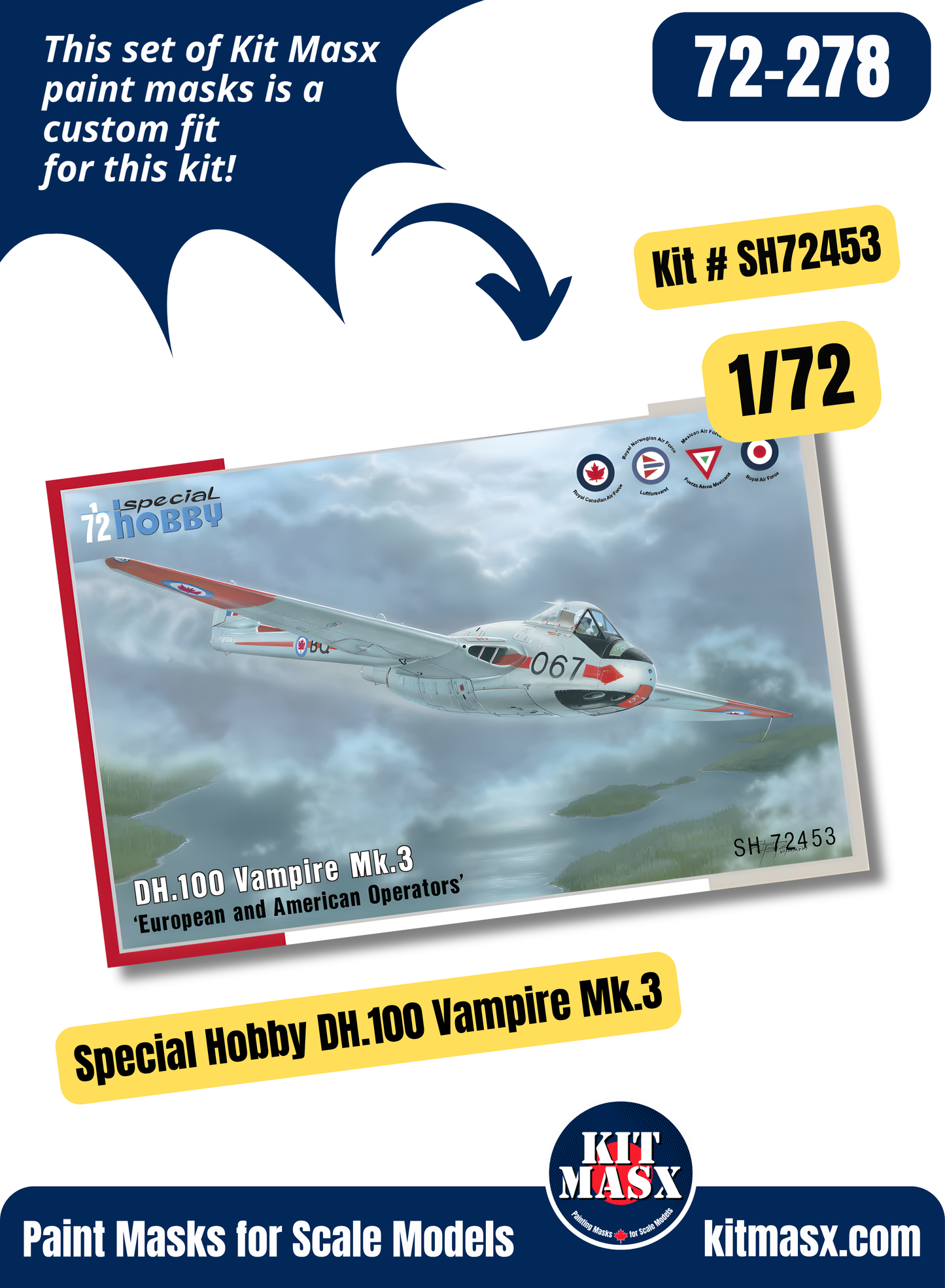 Special Hobby De Havilland DH.100 Vampire Mk.1/Mk.3/F Mk.3/FB Mk.6/FB Mk.9/FB Mk.52 1/72 Canopy & Wheel Paint Masks, Kit # SH72453