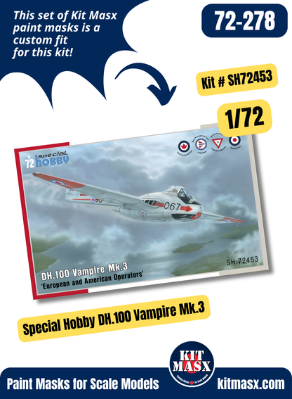 Special Hobby De Havilland DH.100 Vampire Mk.1/Mk.3/F Mk.3/FB Mk.6/FB Mk.9/FB Mk.52 1/72 Canopy & Wheel Paint Masks, Kit # SH72453