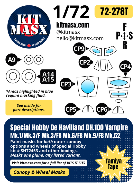 Special Hobby De Havilland DH.100 Vampire Mk.1/Mk.3/F Mk.3/FB Mk.6/FB Mk.9/FB Mk.52 1/72 Canopy & Wheel Paint Masks, Kit # SH72453