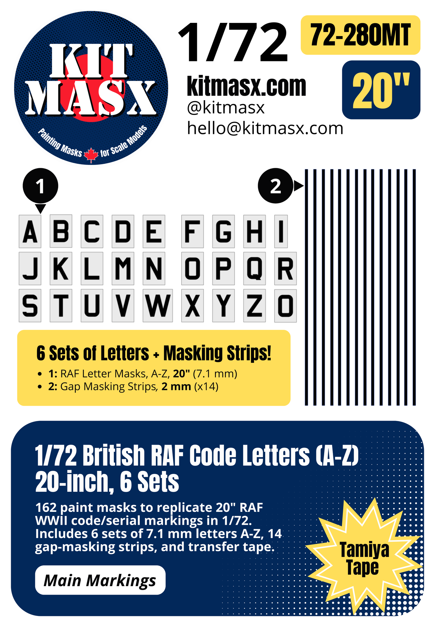 British RAF Code Letters (A-Z) 20-inch, 6 Sets 1/72 Main Marking Paint Masks