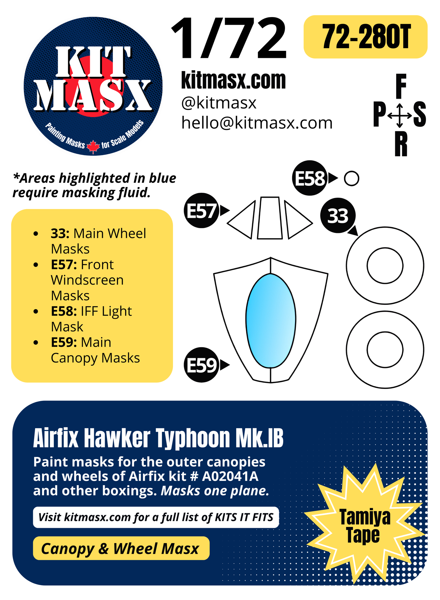 Airfix Hawker Typhoon Mk.IB 1/72 Canopy & Wheel Paint Masks, Kit # A02041A