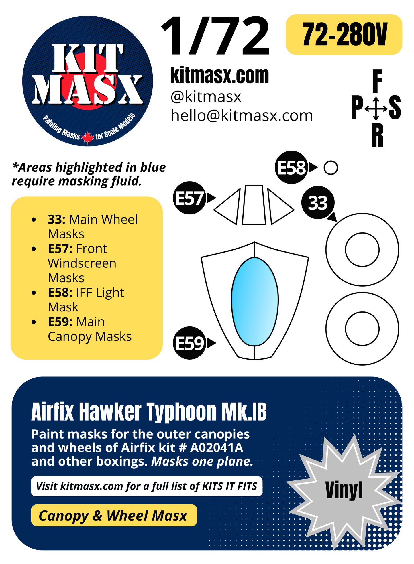 Airfix Hawker Typhoon Mk.IB 1/72 Canopy & Wheel Paint Masks, Kit # A02041A