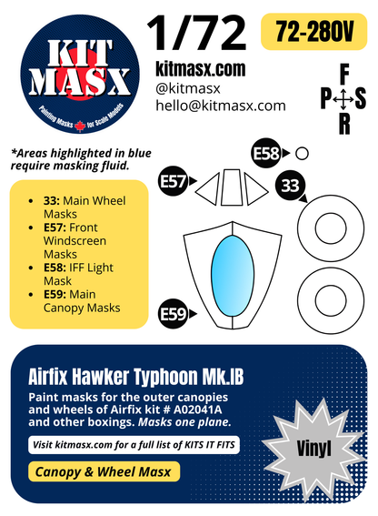 Airfix Hawker Typhoon Mk.IB 1/72 Canopy & Wheel Paint Masks, Kit # A02041A