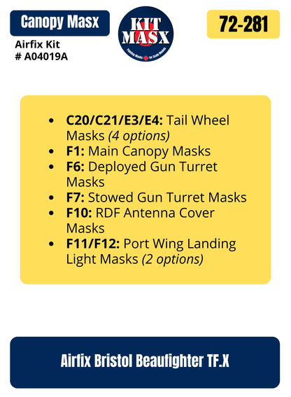 Airfix Bristol Beaufighter TF.X 1/72 Canopy & Wheel Paint Masks, Kit # A04019A