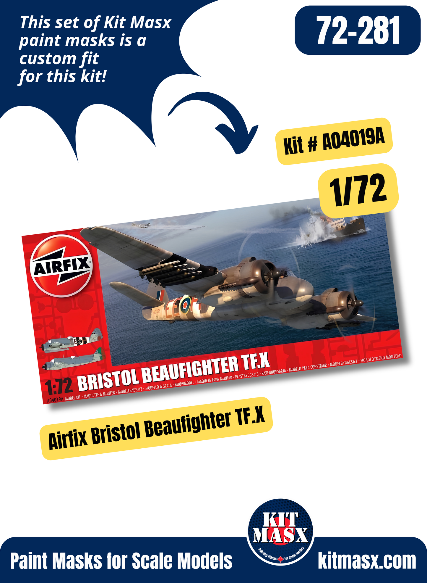 Airfix Bristol Beaufighter TF.X 1/72 Canopy & Wheel Paint Masks, Kit # A04019A