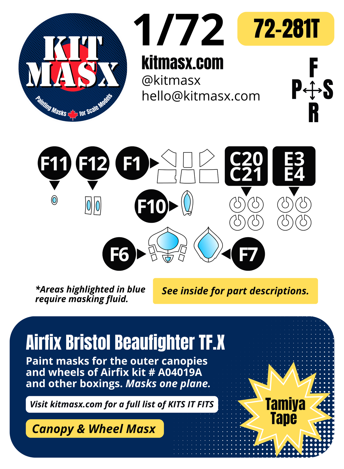Airfix Bristol Beaufighter TF.X 1/72 Canopy & Wheel Paint Masks, Kit # A04019A