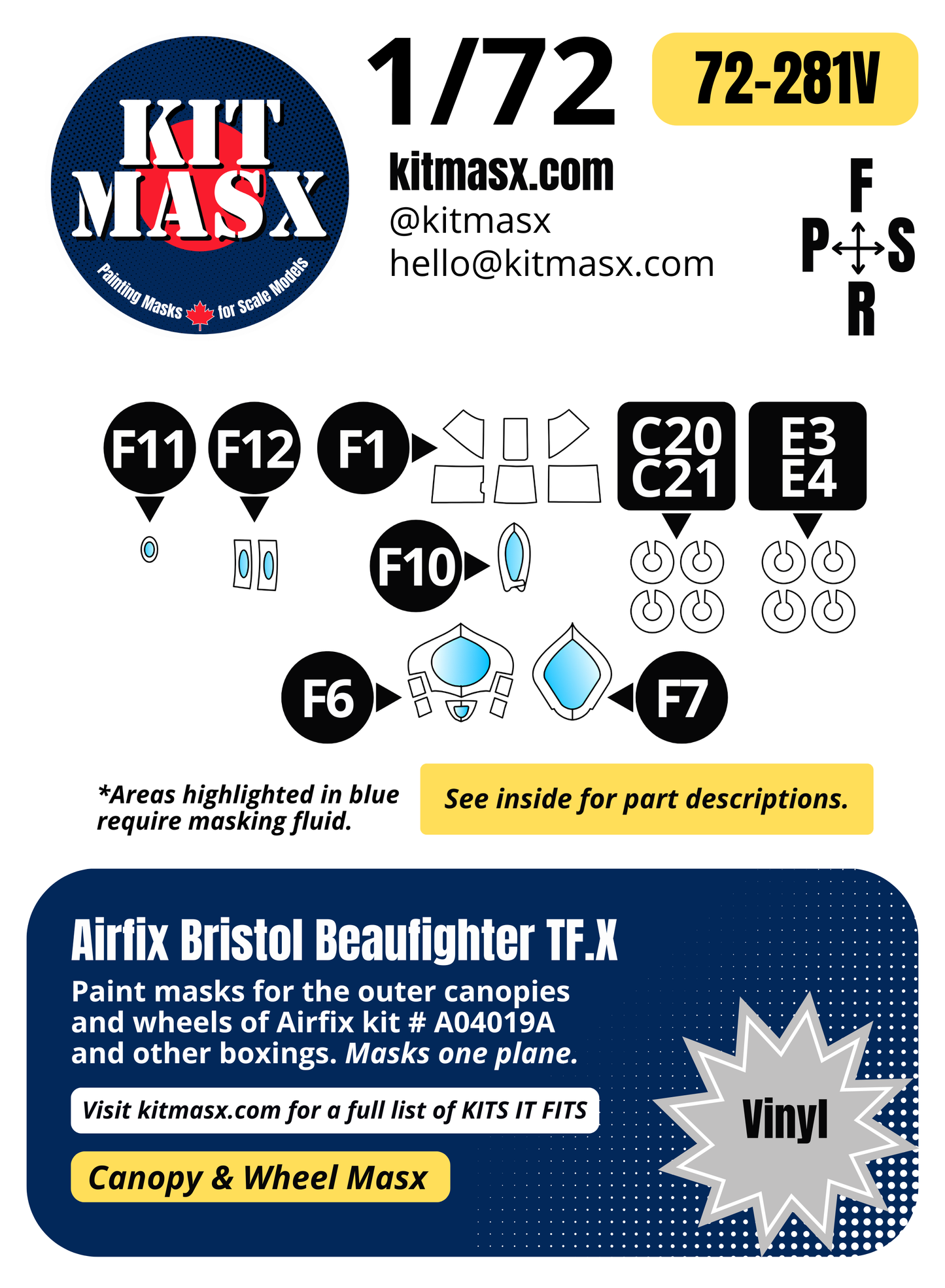 Airfix Bristol Beaufighter TF.X 1/72 Canopy & Wheel Paint Masks, Kit # A04019A