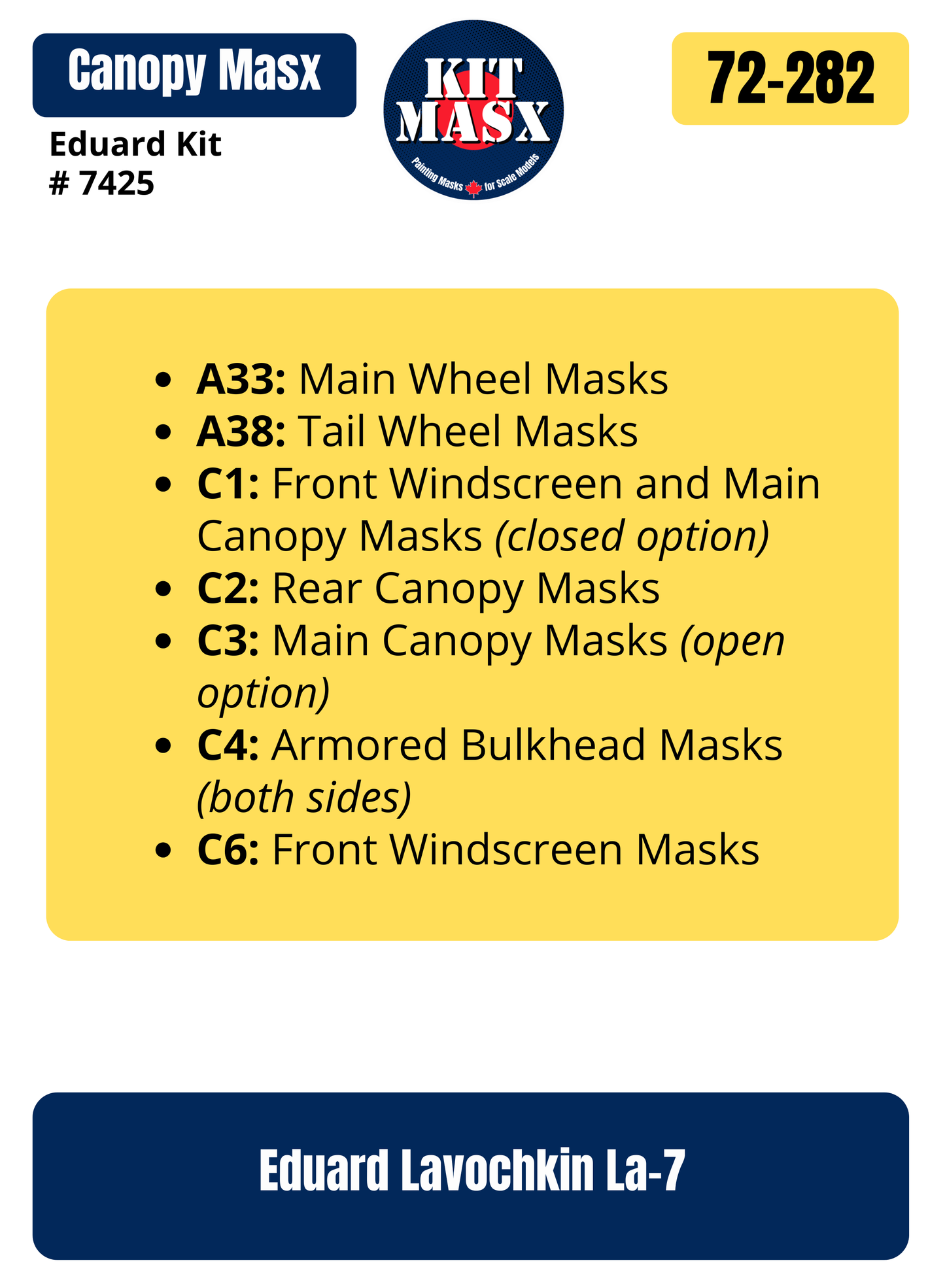 Eduard Lavochkin La-7 1/72 Canopy & Wheel Paint Masks, Kit # 7425