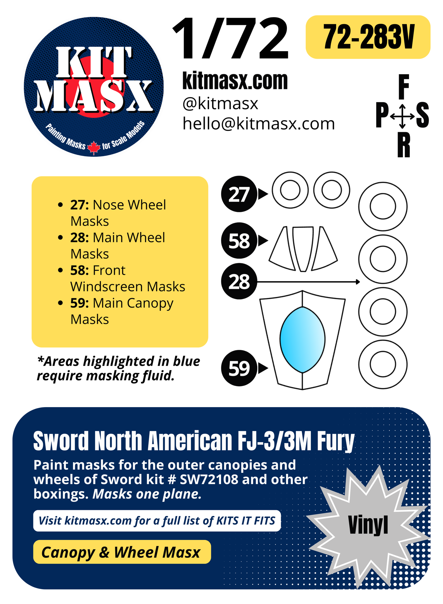 Sword North American FJ-3/3M Fury 1/72 Canopy & Wheel Paint Masks, Kit # SW72108