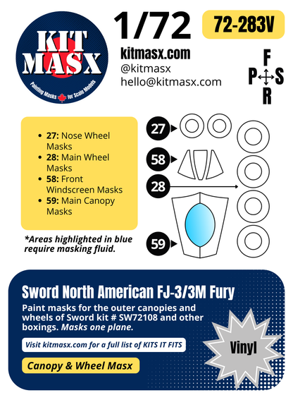 Sword North American FJ-3/3M Fury 1/72 Canopy & Wheel Paint Masks, Kit # SW72108