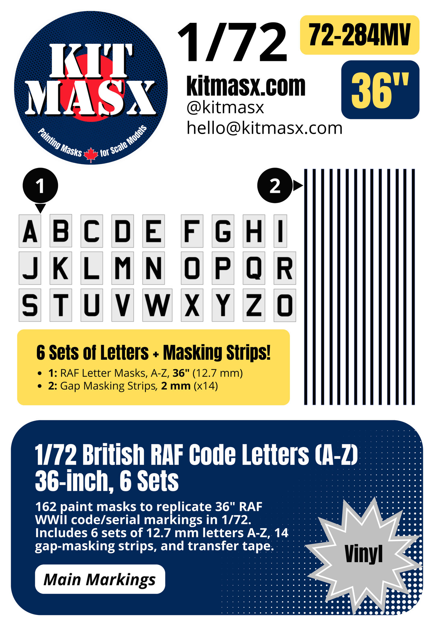 British RAF Code Letters (A-Z) 36-inch, 6 Sets 1/72 Main Marking Paint Masks