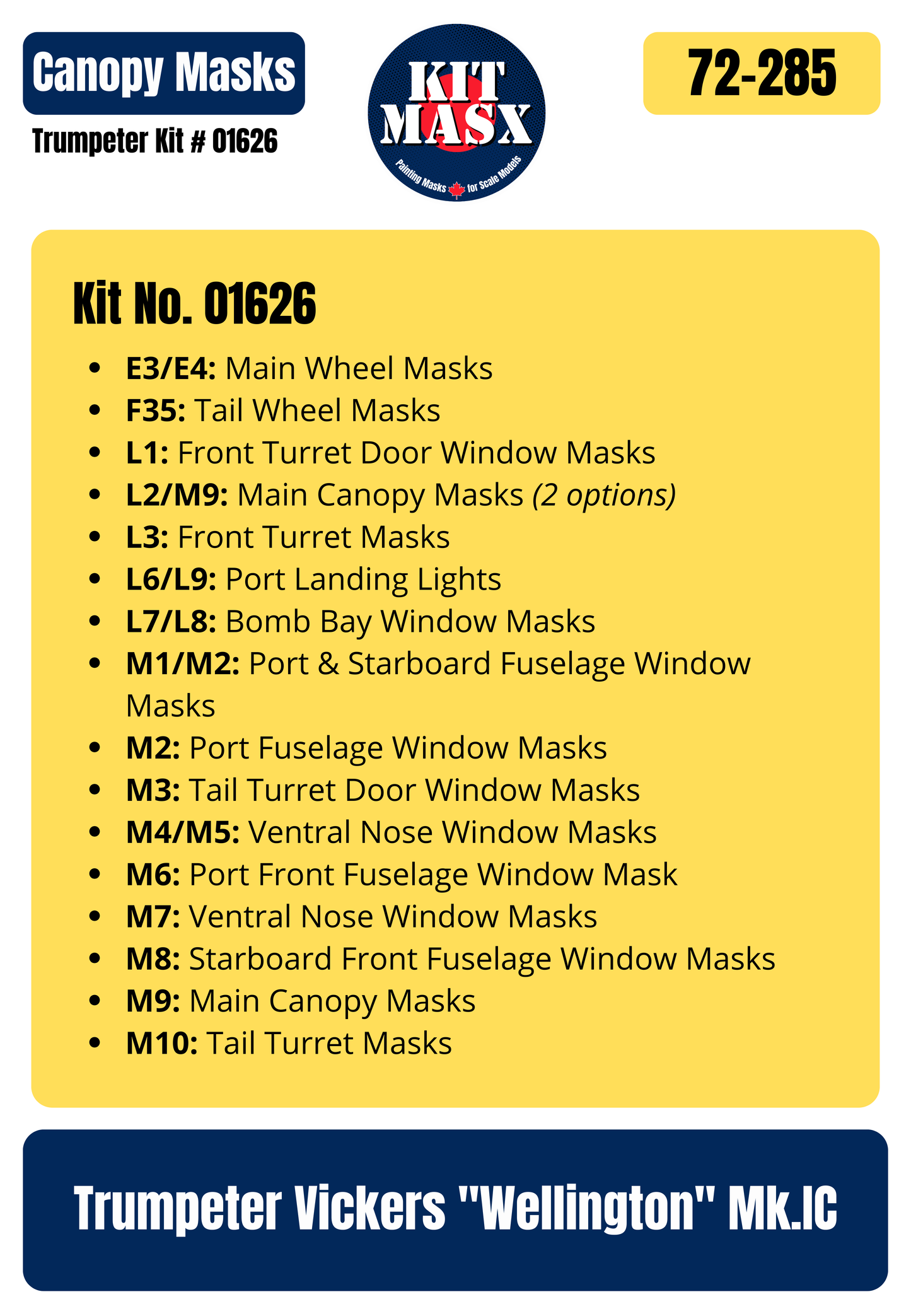 Trumpeter Vickers "Wellington" Mk.IC/Mk.III/Mk.X 1/72 Canopy & Wheel Paint Masks, Kit # 01626, 01627, 01628