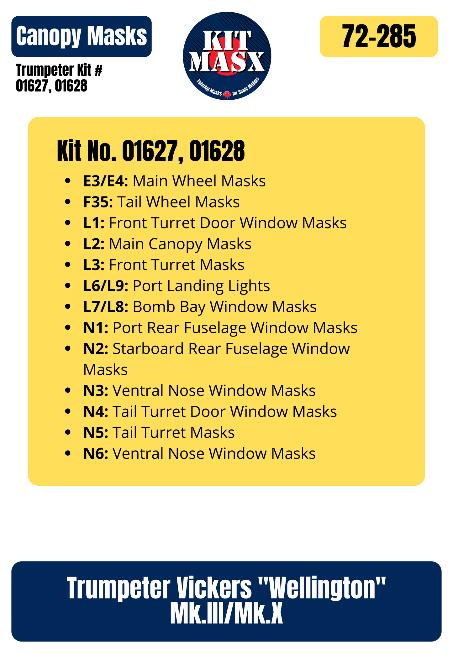 Trumpeter Vickers "Wellington" Mk.IC/Mk.III/Mk.X 1/72 Canopy & Wheel Paint Masks, Kit # 01626, 01627, 01628
