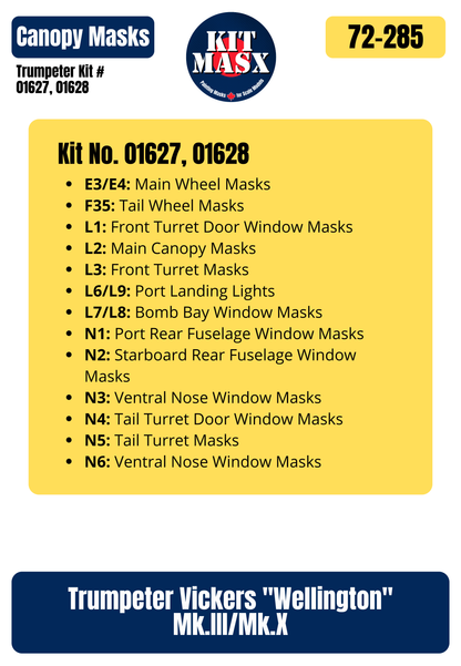 Trumpeter Vickers "Wellington" Mk.IC/Mk.III/Mk.X 1/72 Canopy & Wheel Paint Masks, Kit # 01626, 01627, 01628
