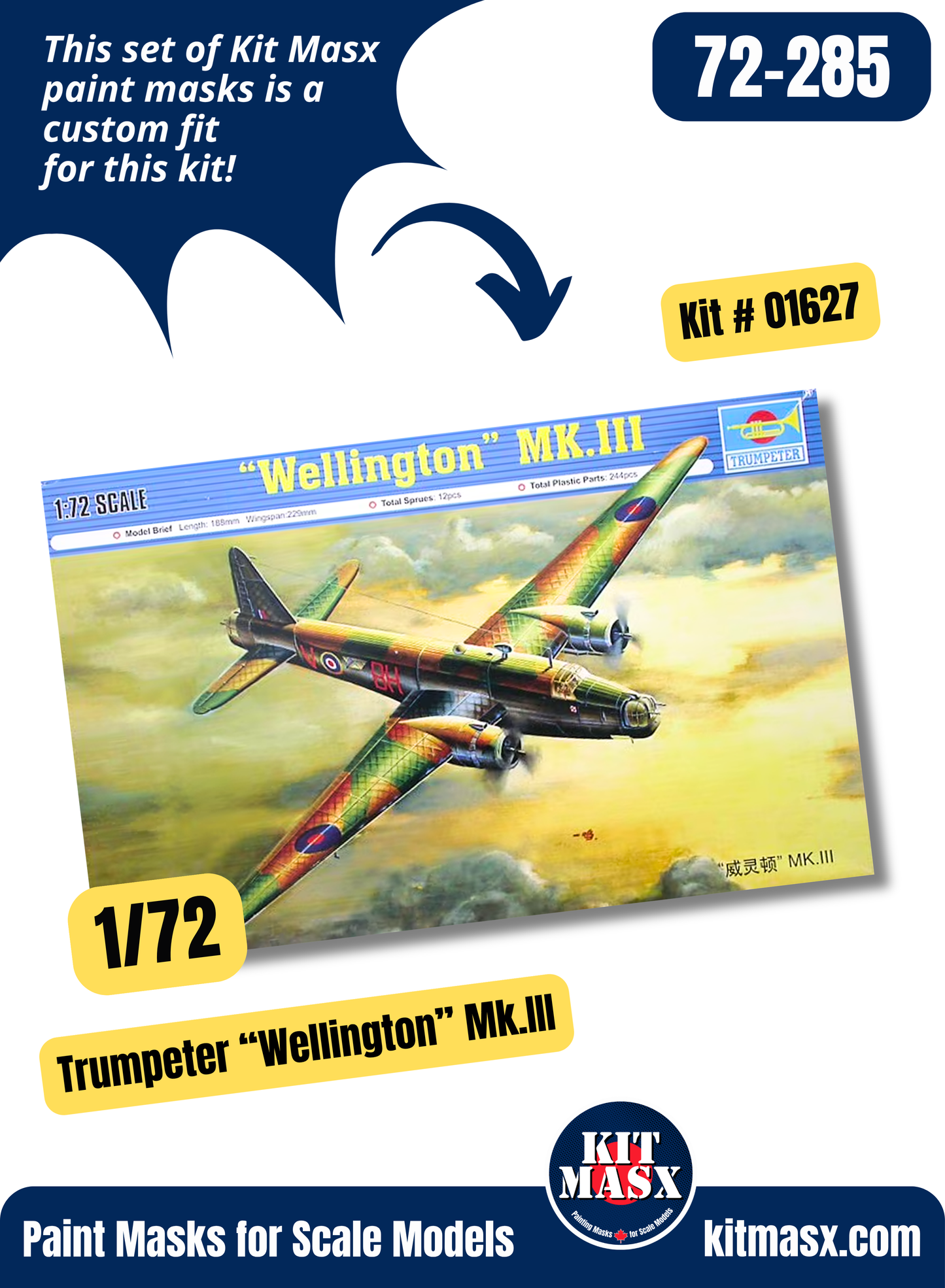 Trumpeter Vickers "Wellington" Mk.IC/Mk.III/Mk.X 1/72 Canopy & Wheel Paint Masks, Kit # 01626, 01627, 01628