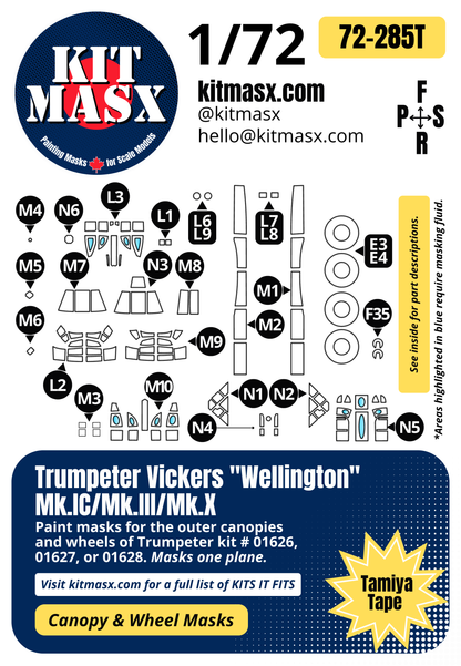 Trumpeter Vickers "Wellington" Mk.IC/Mk.III/Mk.X 1/72 Canopy & Wheel Paint Masks, Kit # 01626, 01627, 01628