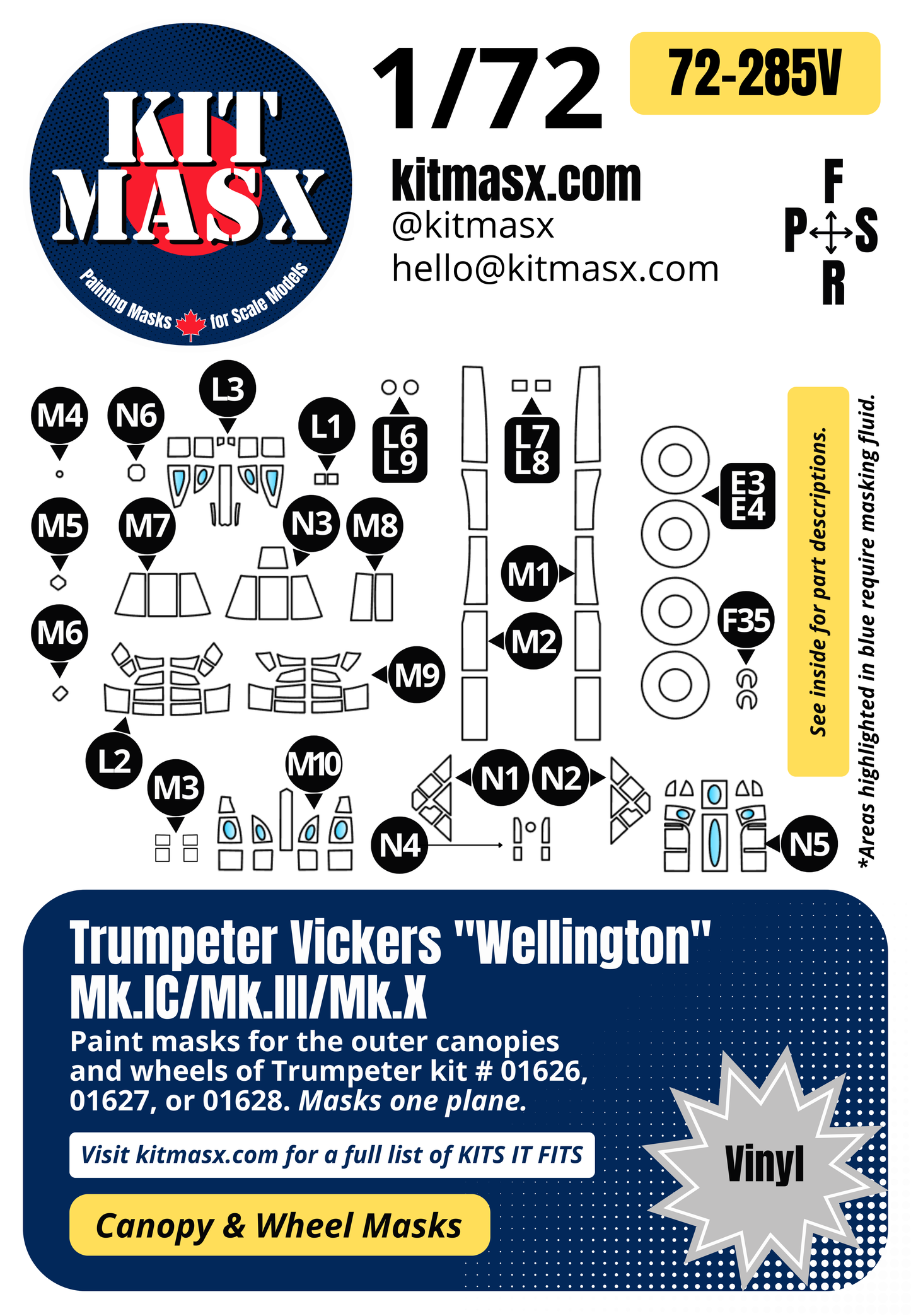 Trumpeter Vickers "Wellington" Mk.IC/Mk.III/Mk.X 1/72 Canopy & Wheel Paint Masks, Kit # 01626, 01627, 01628