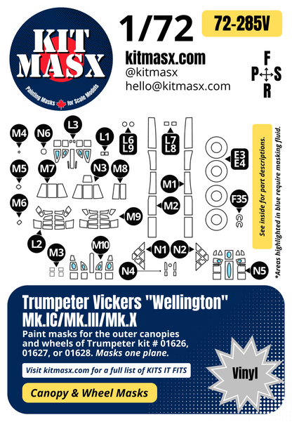 Trumpeter Vickers "Wellington" Mk.IC/Mk.III/Mk.X 1/72 Canopy & Wheel Paint Masks, Kit # 01626, 01627, 01628