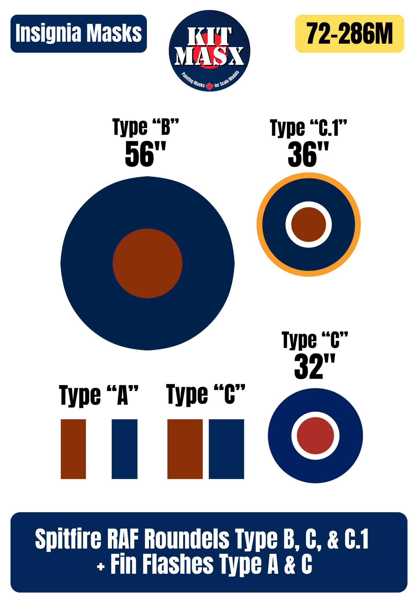 Spitfire RAF Roundels Type B, C, & C.1 + Fin Flashes Type A & C 1/72 National Insignia Paint Masks