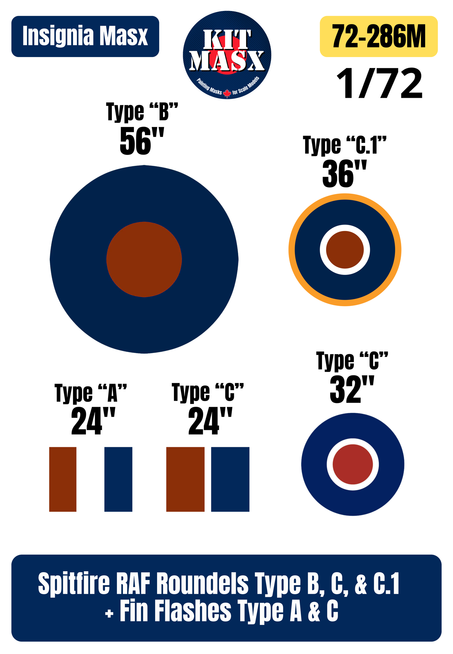 Spitfire RAF Roundels Type B, C, & C.1 + Fin Flashes Type A & C 1/72 National Insignia Paint Masks (72286M)