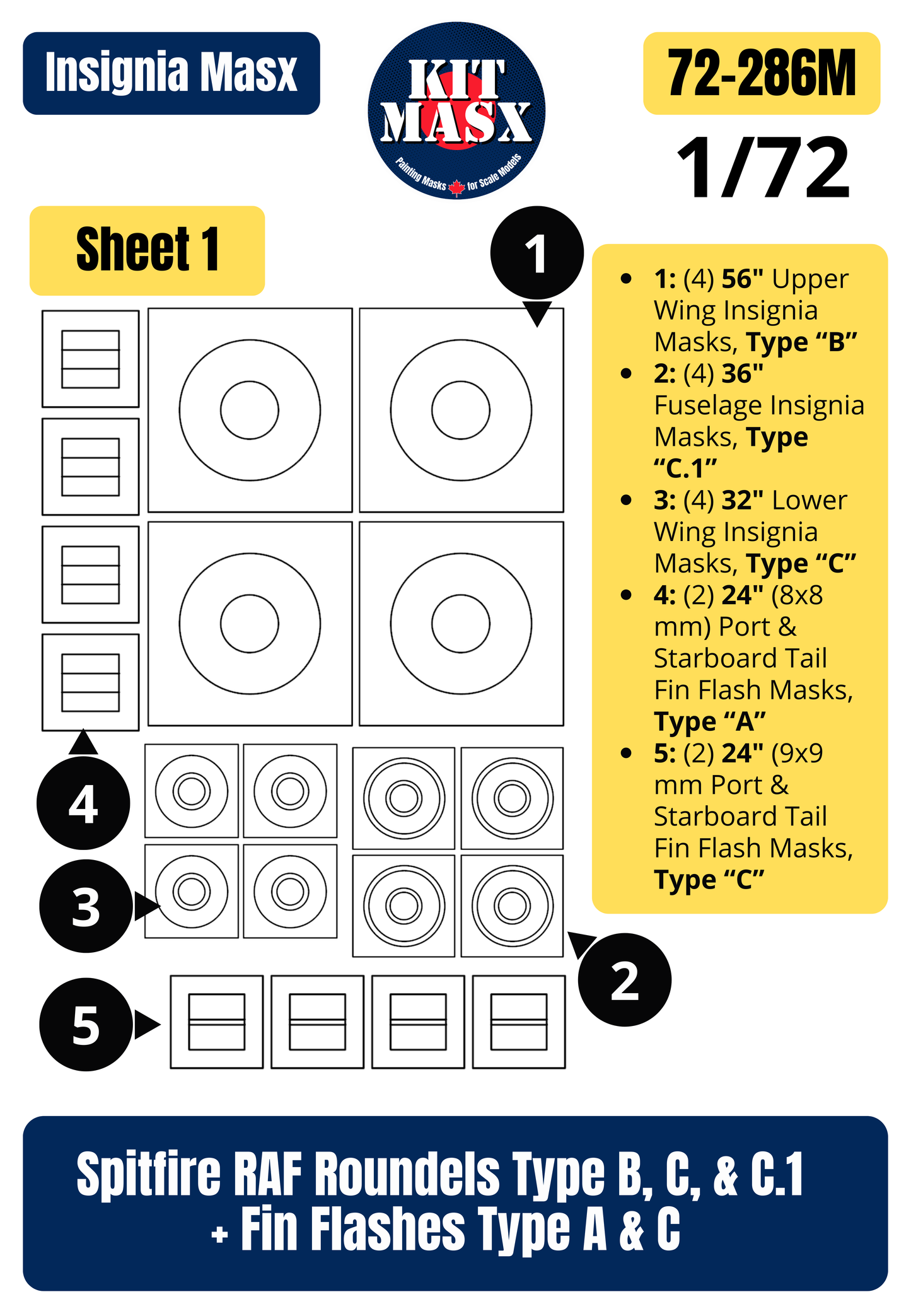 Spitfire RAF Roundels Type B, C, & C.1 + Fin Flashes Type A & C 1/72 National Insignia Paint Masks (72286M)