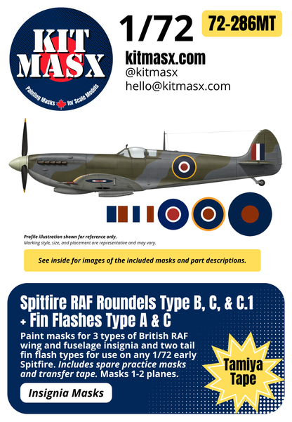 Spitfire RAF Roundels Type B, C, & C.1 + Fin Flashes Type A & C 1/72 National Insignia Paint Masks