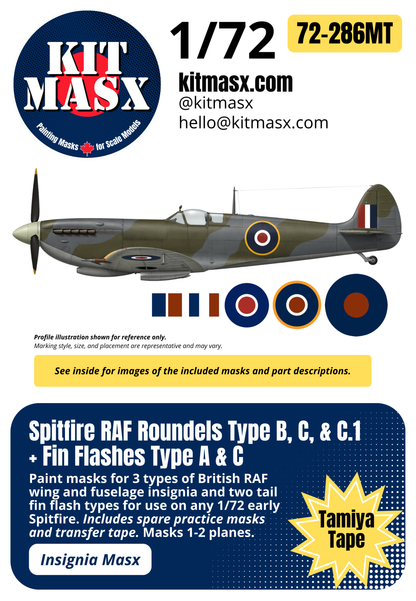 Spitfire RAF Roundels Type B, C, & C.1 + Fin Flashes Type A & C 1/72 National Insignia Paint Masks (72286M)