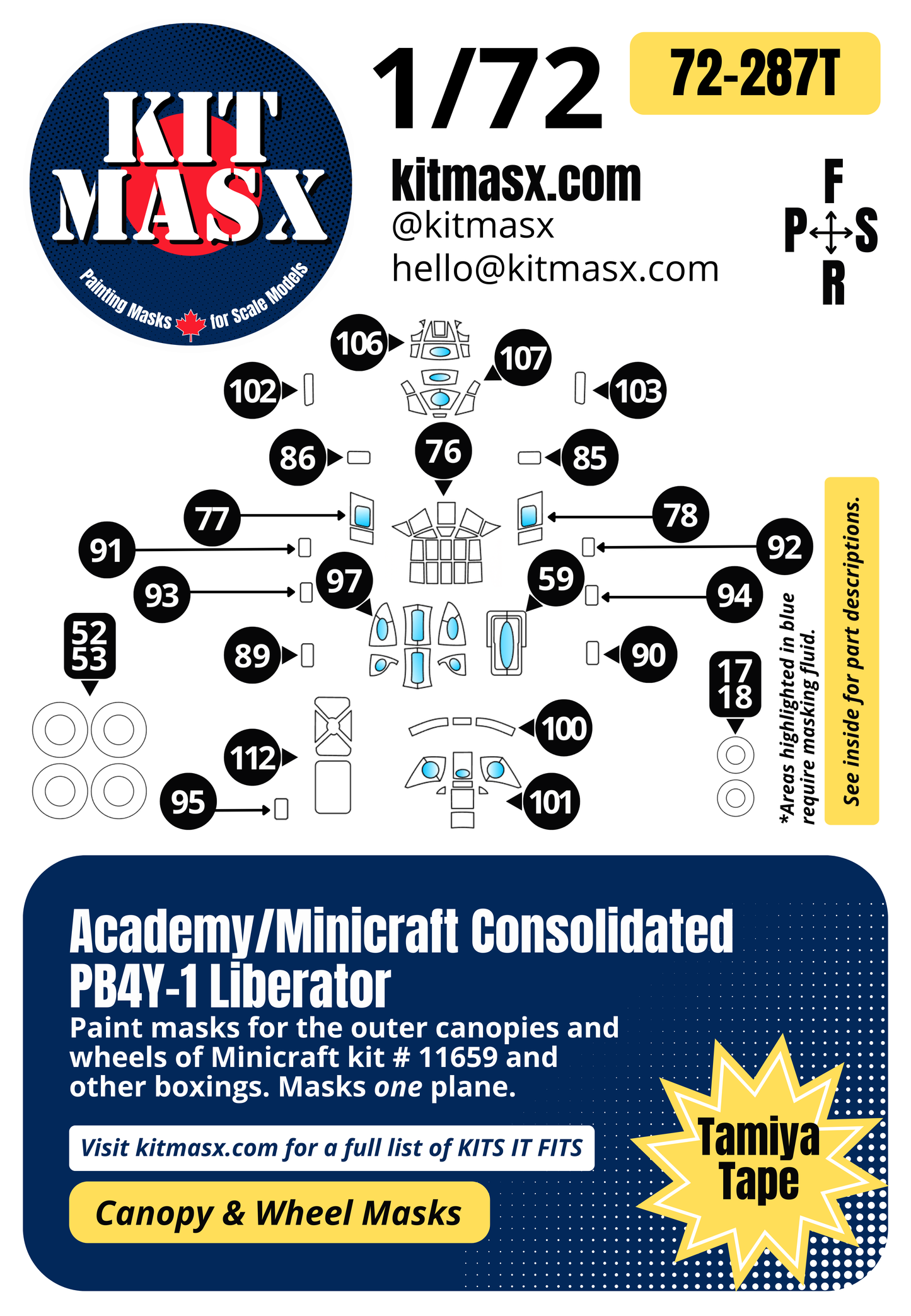 Academy/Minicraft Consolidated PB4Y-1 Liberator 1/72 Canopy & Wheel Paint Masks, Kit # 11659