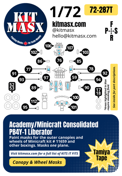 Academy/Minicraft Consolidated PB4Y-1 Liberator 1/72 Canopy & Wheel Paint Masks, Kit # 11659