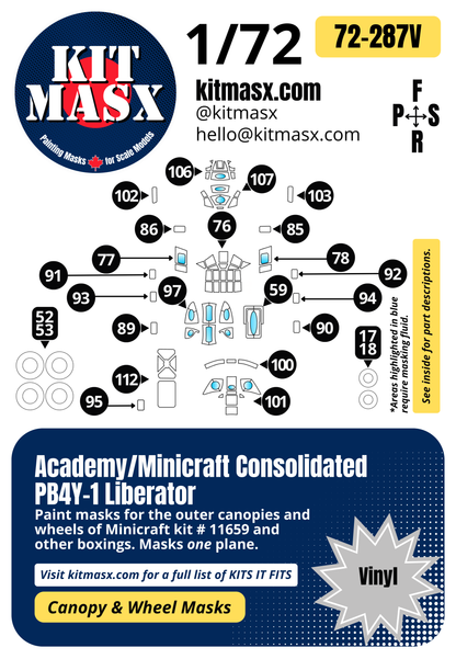 Academy/Minicraft Consolidated PB4Y-1 Liberator 1/72 Canopy & Wheel Paint Masks, Kit # 11659