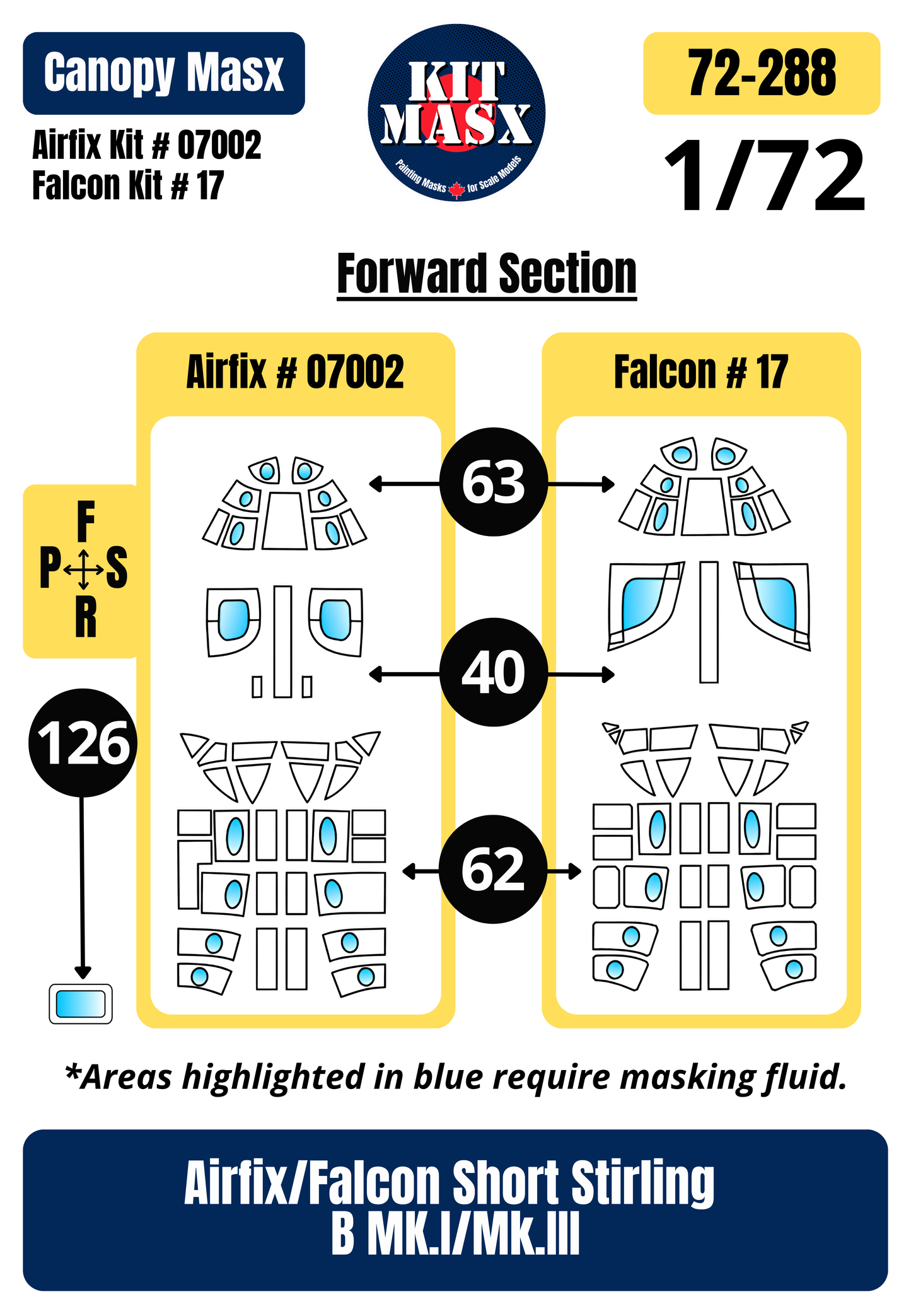 Airfix + Falcon Short Stirling B MK.I/Mk.III 1/72 Canopy Paint Masks, Kit # 07002 + 17 (72288)