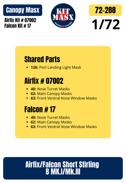 Airfix + Falcon Short Stirling B MK.I/Mk.III 1/72 Canopy Paint Masks, Kit # 07002 + 17
