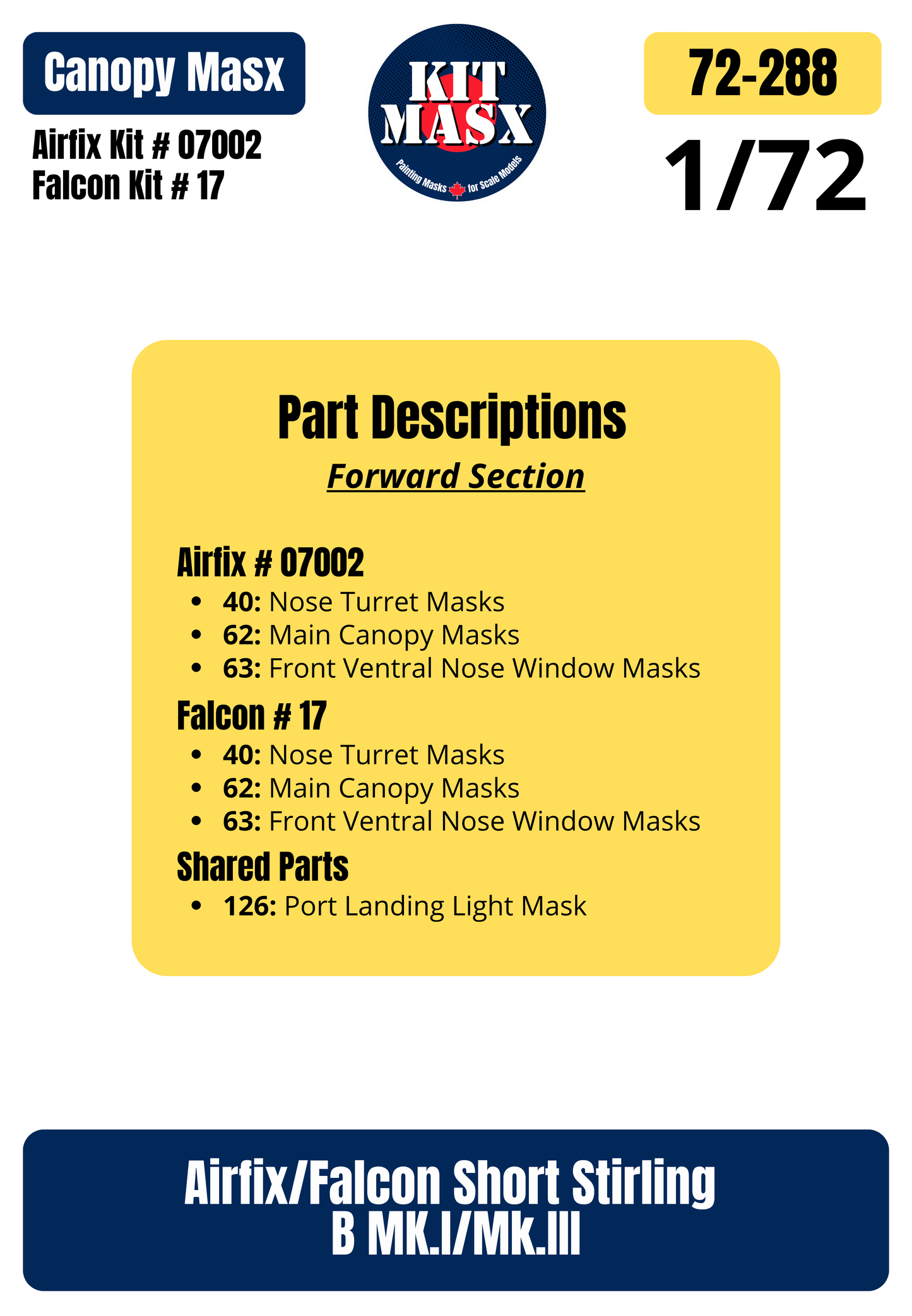 Airfix + Falcon Short Stirling B MK.I/Mk.III 1/72 Canopy Paint Masks, Kit # 07002 + 17 (72288)